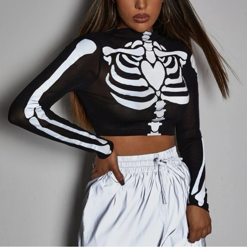 Reflective Skeleton Bones Heart Black Sheer Mesh Long Sleeve Cropped Shirt Top - Picture 9 of 12